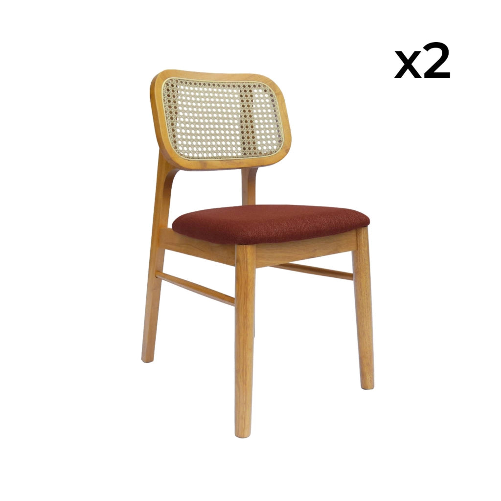 Set 2 sedie bohemien in legno di hevea e impagliatura, marrone