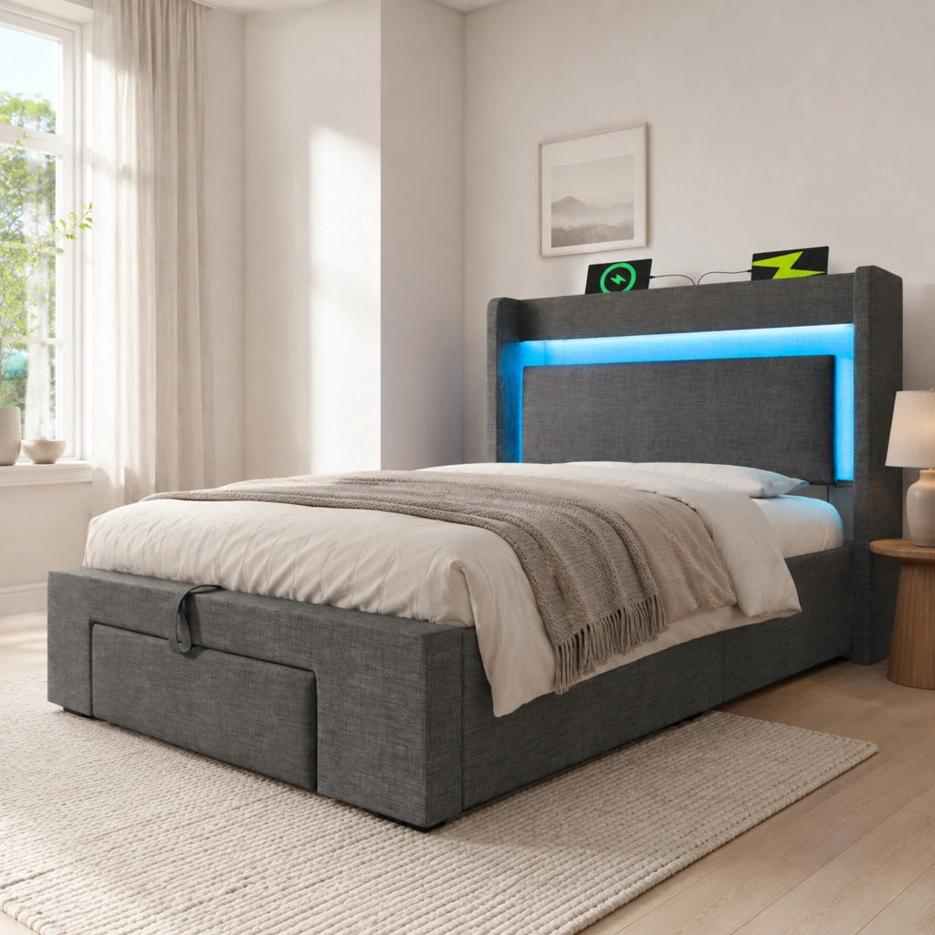LETTO imbottito 90x200 cm con LED, porte USB e USB-C, grigio