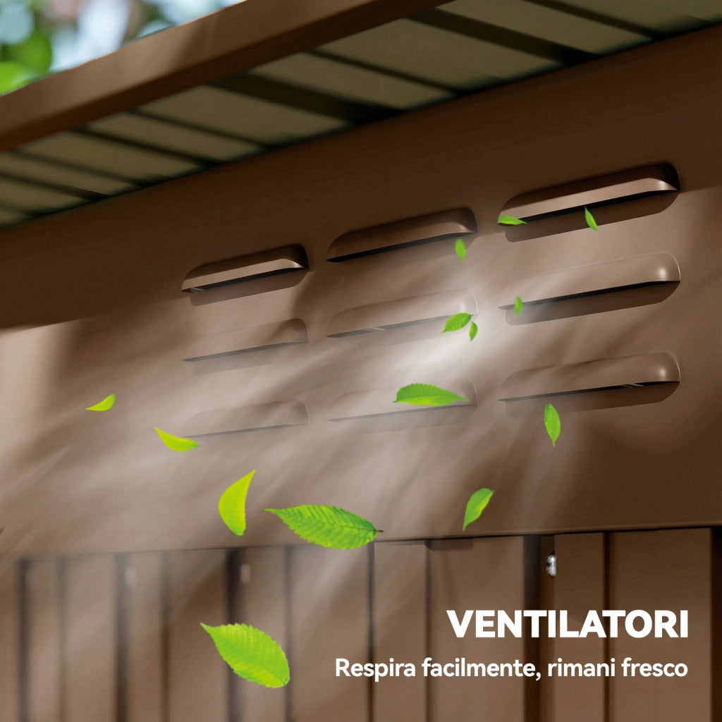 Casetta da Giardino 159x106x181 cm con Prese d'Aria e Porta Scorrevole in Metallo Marrone