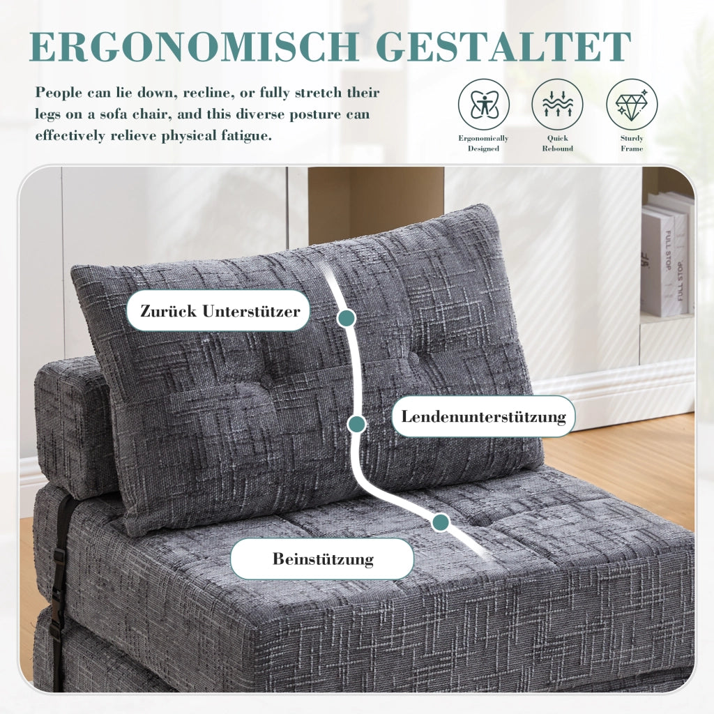 Divano letto pieghevole con Schienale e Cuscini per Testa e Lombare, in Ciniglia, Grigio 29.0 × 29.0 × 88.0 cm