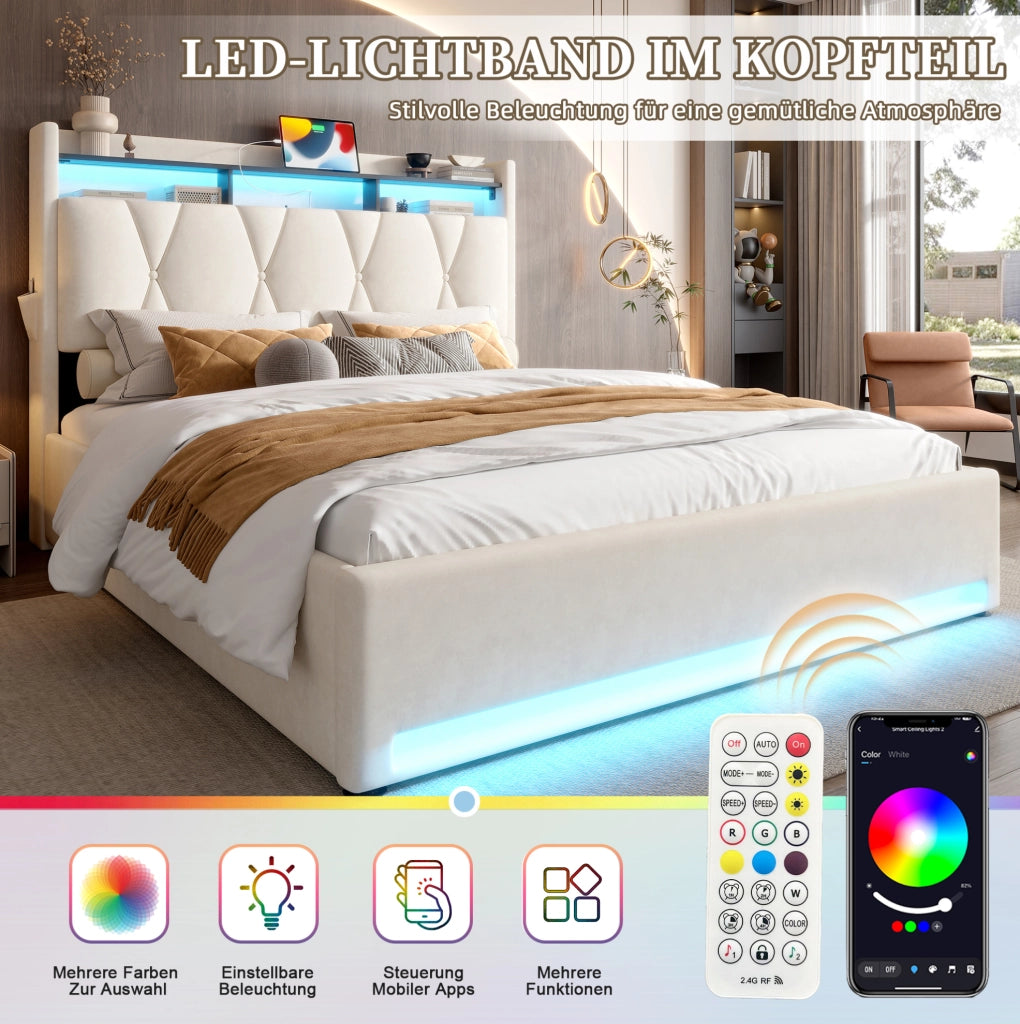 Letto contenitore 140x200 cm in velluto beige con LED e USB-C
