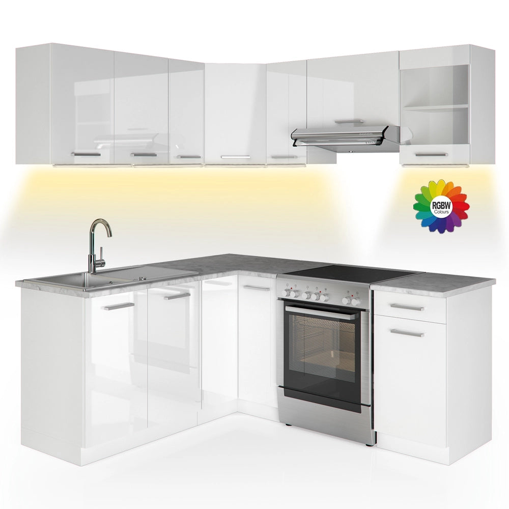 Vicco Cucina angolare completa Bianco/bianco lucido 187 x 167 cm , PL Marmo con striscia LED