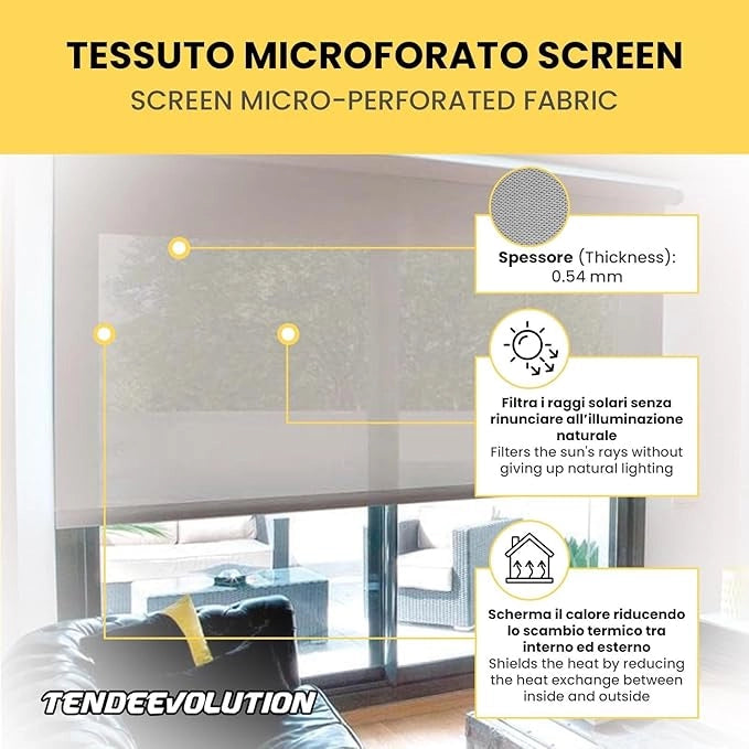 Tenda a Rullo Su Misura SCREEN Microforata Filtrante - Larghezza 2m x Altezza 3m - Colore Bianco 11 - Ideale per Interni ed Esterni