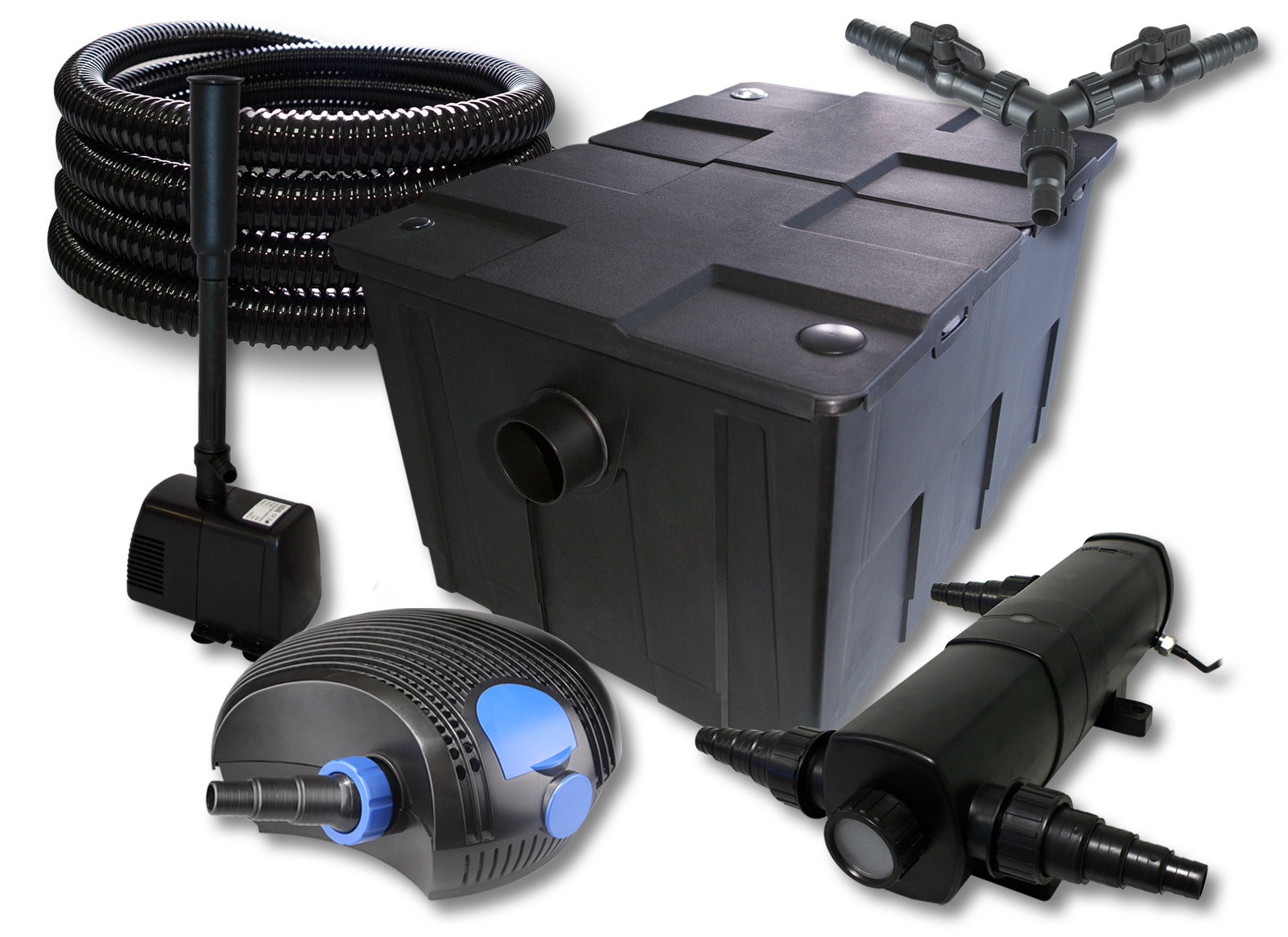 Set filtro per laghetto da 60000l Chiarificatore 24W Pompa ECO 100W Tubo 25m Pompa da fontana