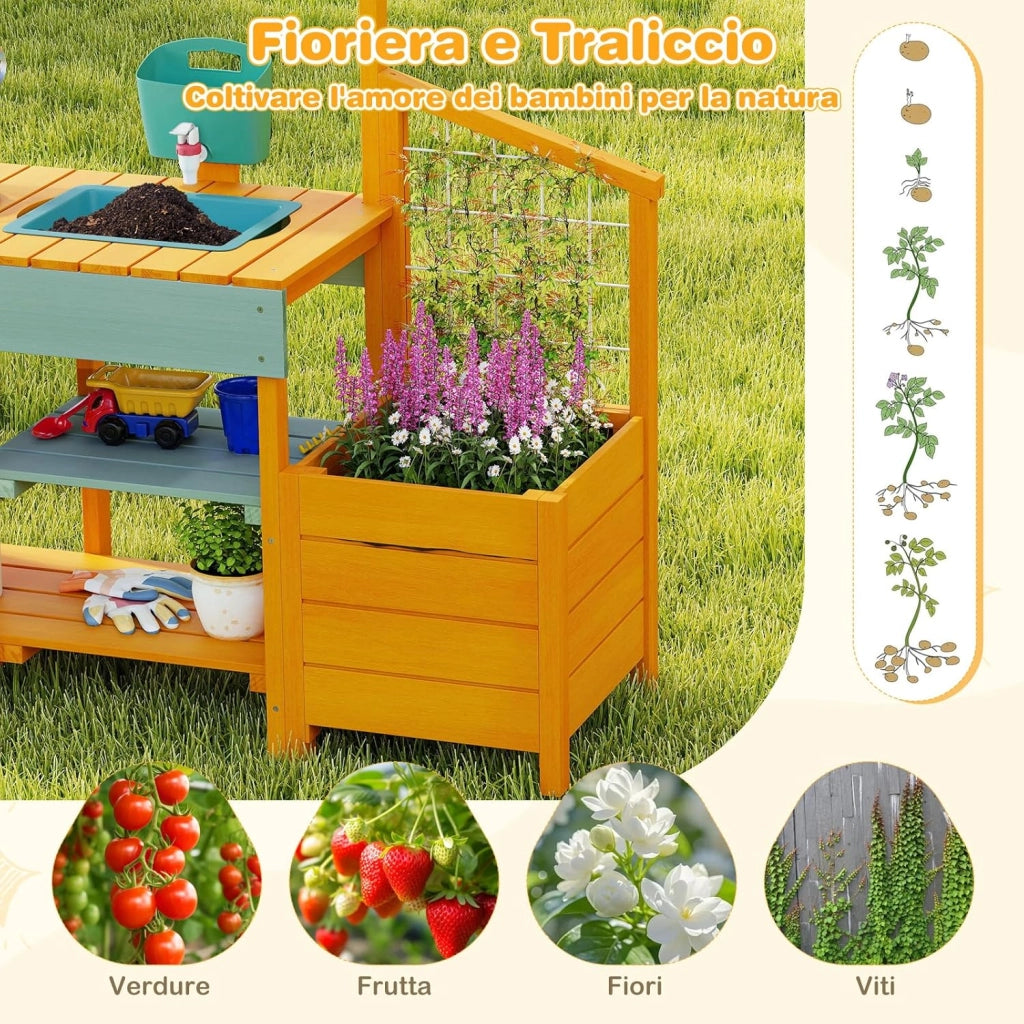 Cucina da Esterno in Legno per Bambini, Cucina da Gioco con Cassettiera per Piante, Lavandino Rimovibile, Rubinetto, Fornelli e Accessori, per Bambini 3-8 Anni (Verde Chiaro + Giallo)