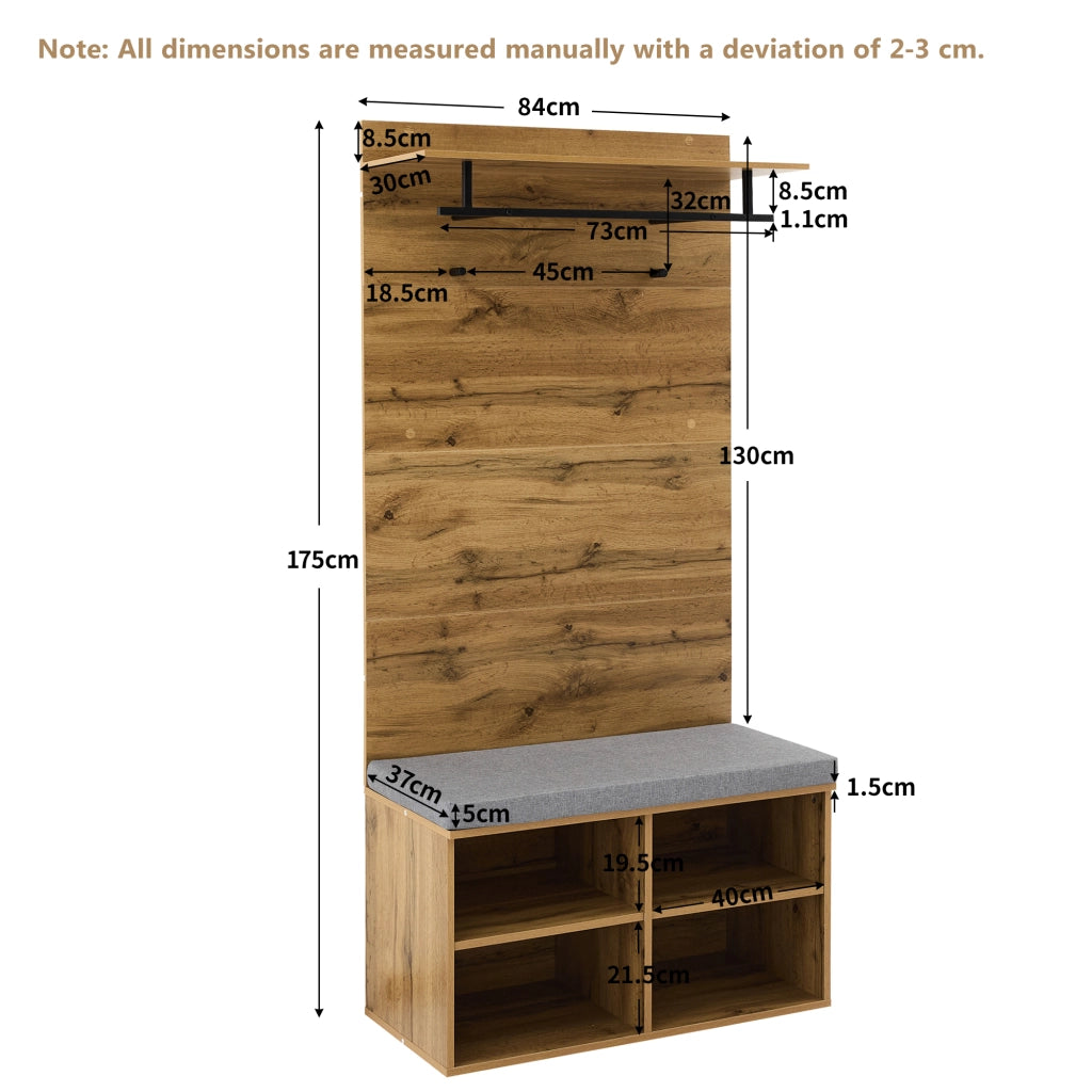 Mobile da ingresso con scarpiera imbottita, ripiano regolabile, asta appendiabiti e 2 ganci, in truciolare, rovere, 84 × 35 × 175 cm