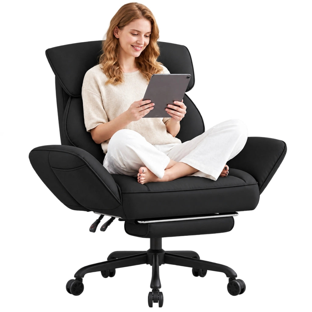 Sedia da ufficio ergonomica - Con corrimano e poggiapiedi - Con braccioli regolabili - Schienale regolabile - Nero