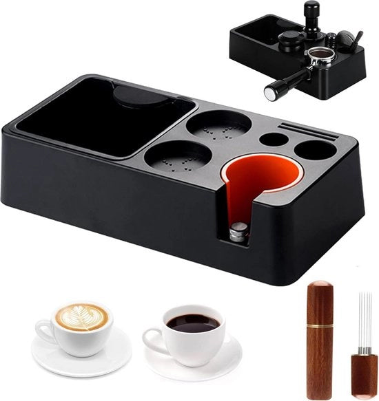 Stazione per espresso 8 in 1 con Knock Box - base di stoccaggio per barista, tamper distributore con apertura 51-58 mm Knock Box