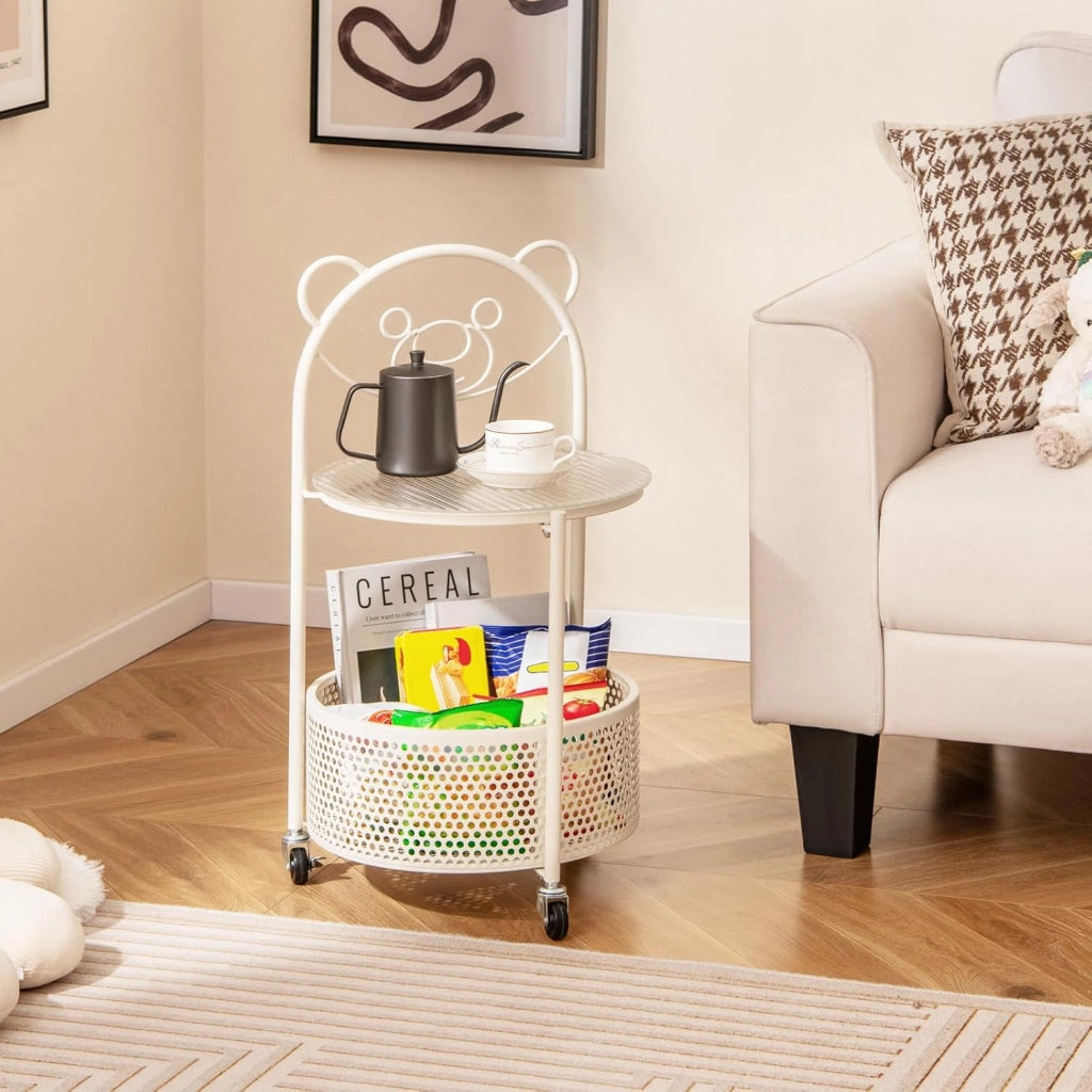 Tavolino da Caffè in Vetro, Tavolino Laterale a 2 Piani con Ruote, Motivo ad Orso, Cestino e Struttura in Metallo, Tavolino per Soggiorno, Camera da Letto e Studio (Bianco)