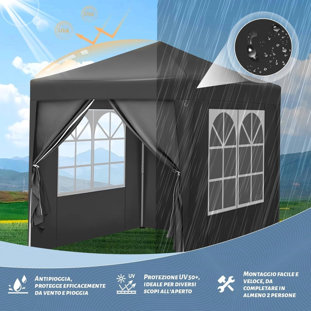 Gazebo Pieghevole da Giardino, Gazebo Impermeabile Pop Up da 2x2m con Pannelli Laterali, Tendone Esterno, Altezza Regolabile, Protezione UV, con Custodia, Antracite