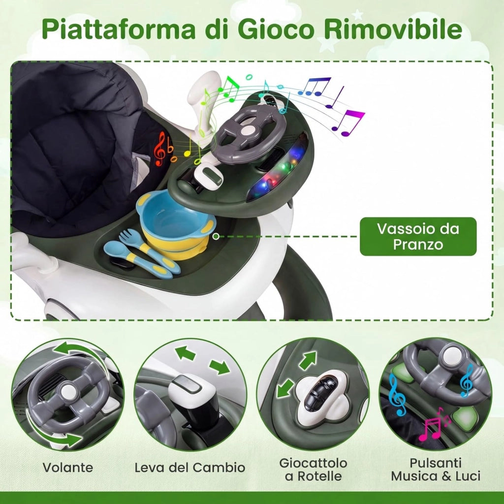 Girello per Bambini 6-in-1 Evolutivo, Centro Attività Pieghevole con Maniglia, Regolazione Altezza/Velocità, con Musica, Luci Tenda, per Neonati 6-18 Mesi (Verde+Bianco)
