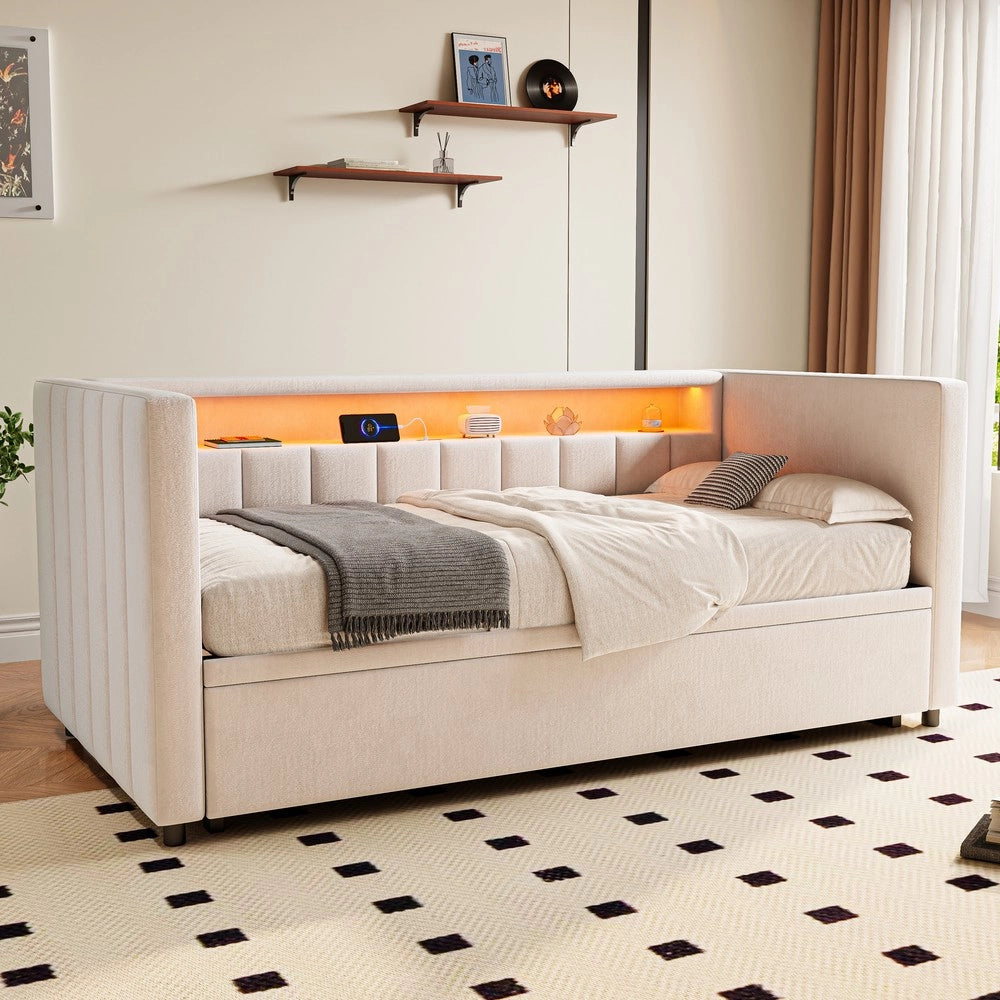 Divano Letto 90x190 con Contenitore, LED, USB, Velluto ¨C Xylo ¨C Beige