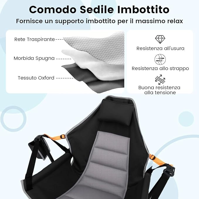 Sedia da Campeggio Amaca, Sedia a Dondolo Pieghevole con Portabicchieri, Schienale Regolabile, Poggiatesta, Sedile a Dondolo per Giardino, Patio, Prato, Portata 150 kg (Nero)