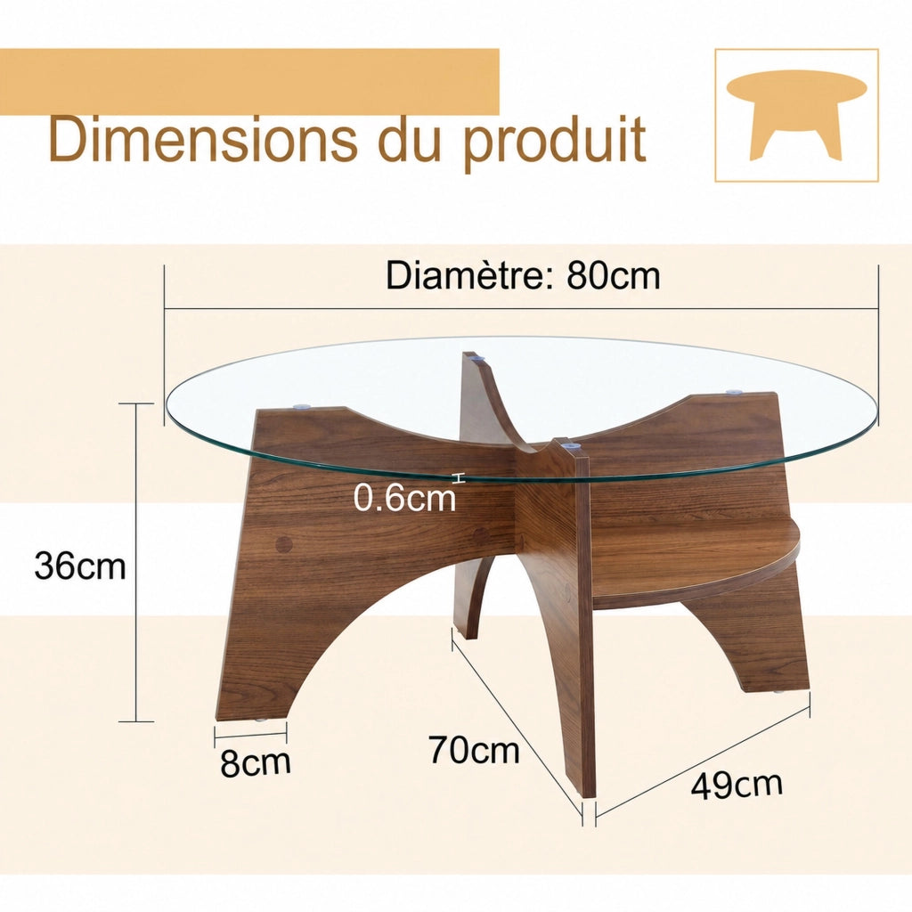 TAVOLINO Rotondo Ø 80 cm in Vetro di Sicurezza Trasparente e MDF Effetto Noce