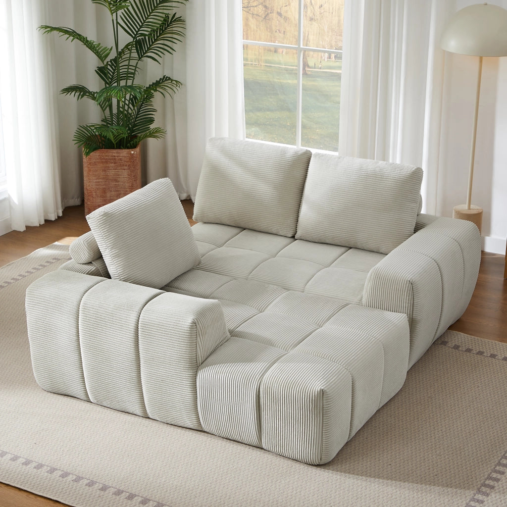 Divano angolare modulare con design capitonné e forma flessibile, senza montaggio, in velluto a coste beige