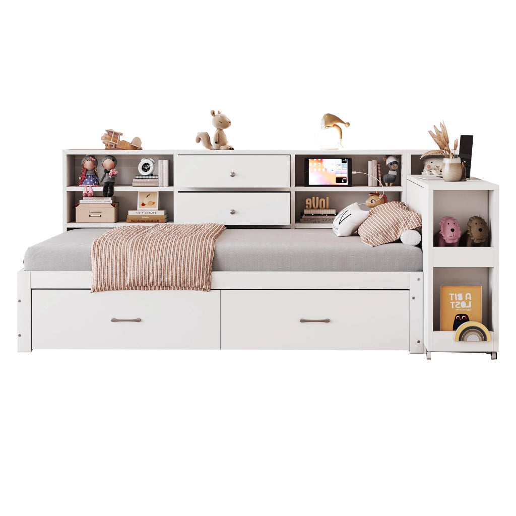 DESMIU Lit simple 90 × 200 cm con scrivania estraibile, 2 cassetti, USB e presa, senza materasso, legno, bianco