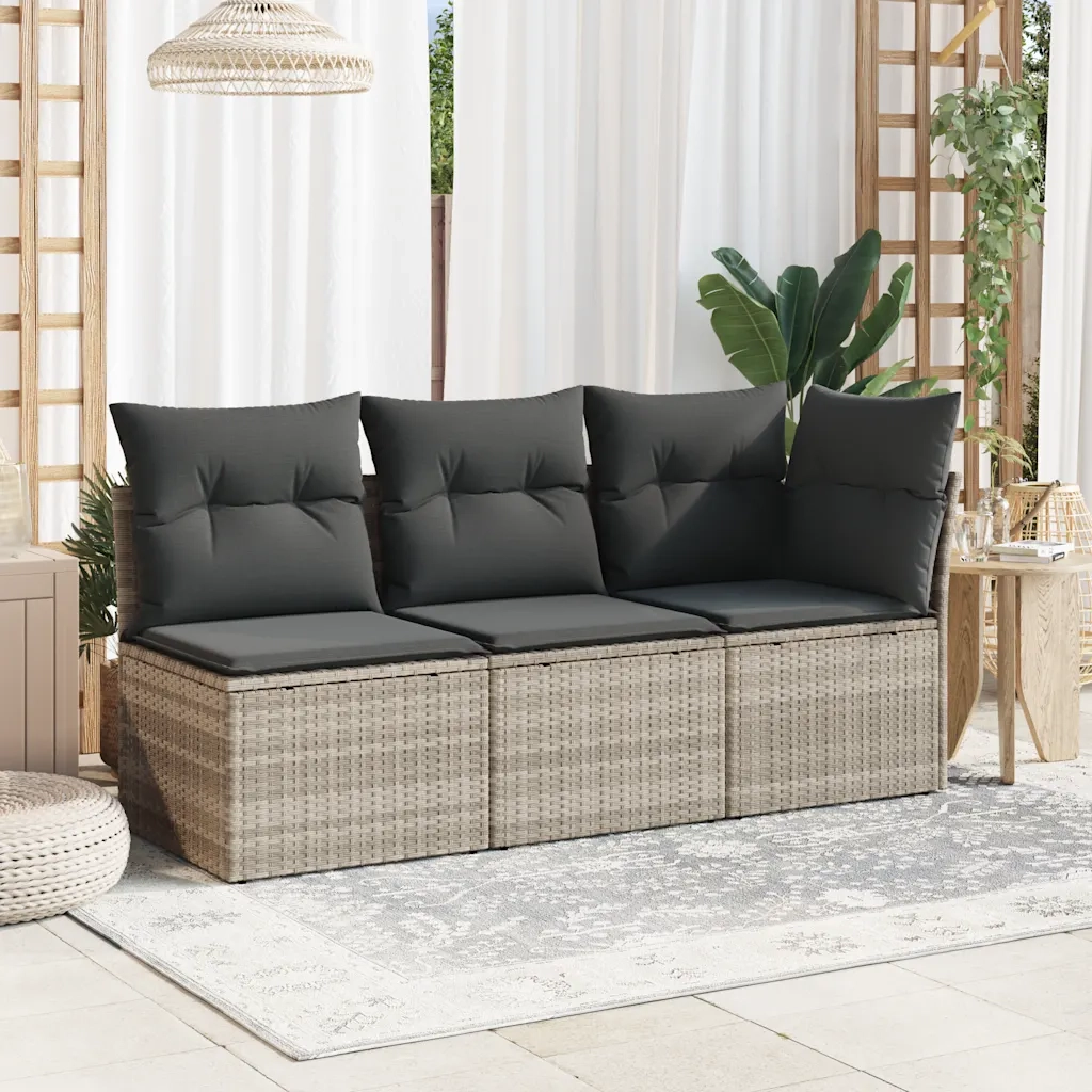 Divano Senza Braccioli con Cuscini Grigio Chiaro in Polyrattan 366174