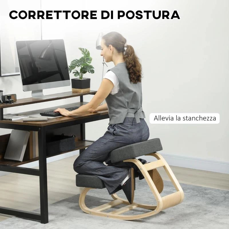 SEDIA ERGONOMICA CON INGINOCCHIATOIO IN LEGNO DI BETULLA E CUSCINO, 51X69X58 CM, GRIGIO