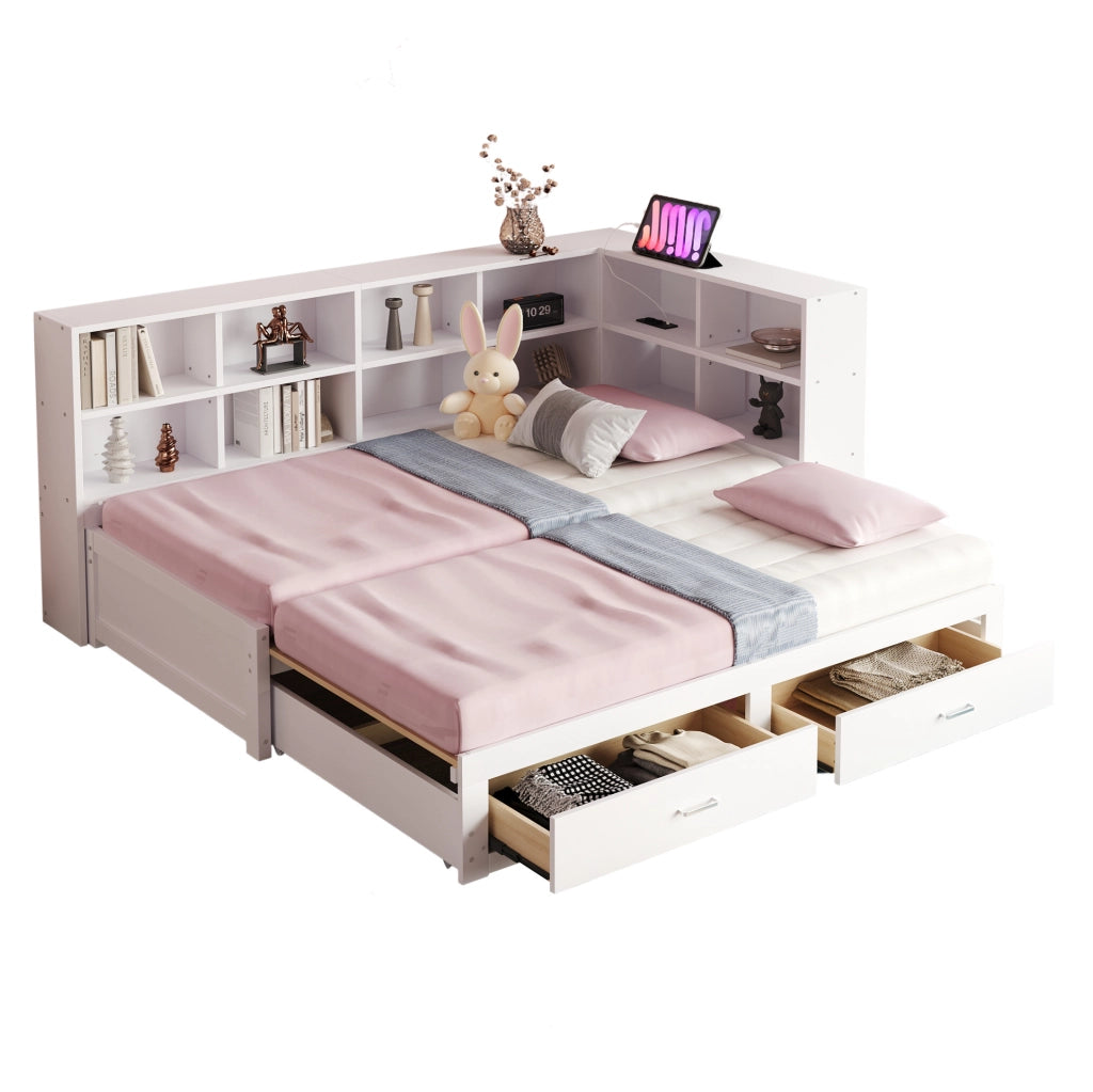 Letto multifunzionale estraibile 90/180x190 cm con contenitore; prese multifunzione; bianco