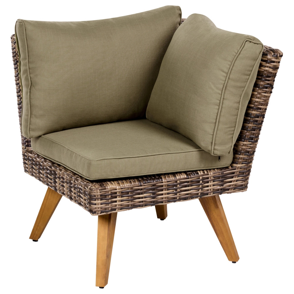 Set da giardino in rattan PE chiaro divano angolare 6 posti cuscini verde oliva tavolino da caffè stile country