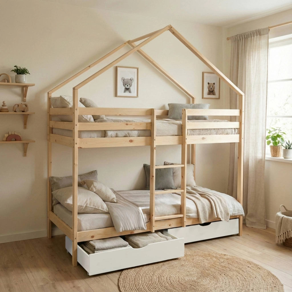 Letto a castello per bambini cabina 190cm pino naturale con cassetti,