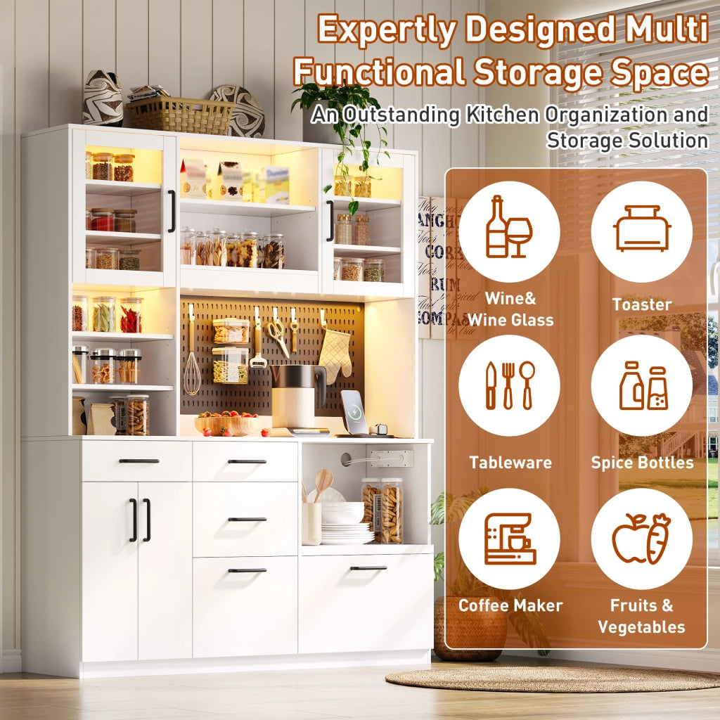 Credenza da cucina con LED RGB, prese e 5 cassetti, ripiani regolabili, per cucina, bianco, 185 × 145 × 40 cm