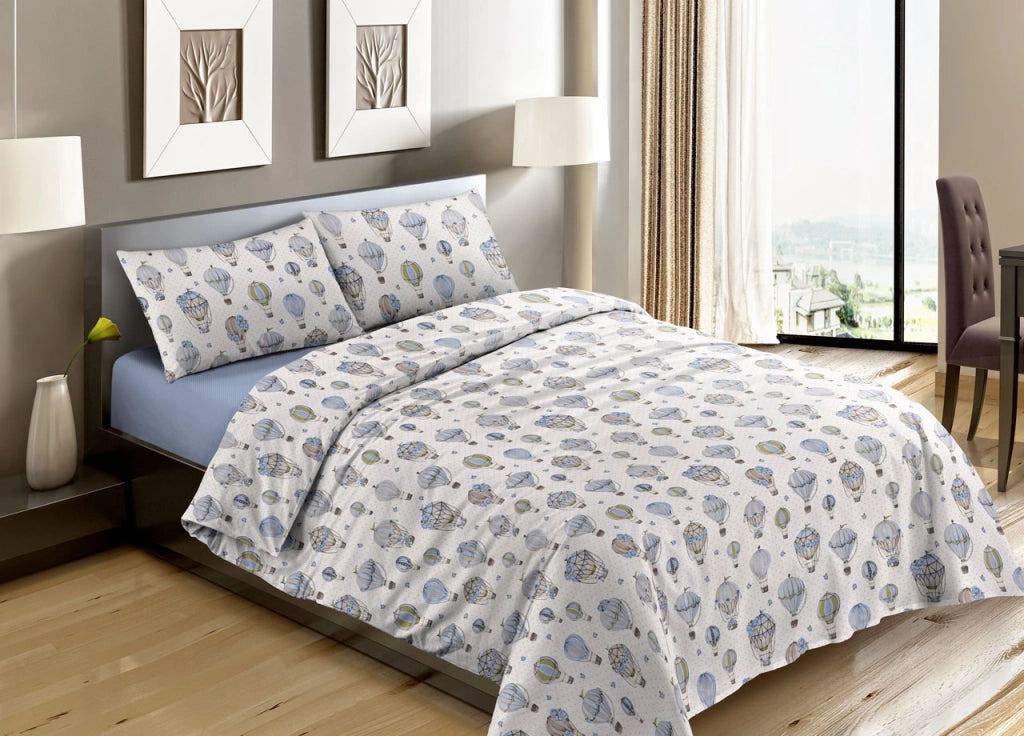 Completo Lenzuola Letto Camera In 100% Cotone Made Italy Vari Disegni RP - 2 Piazze - Mongolfiera Blu