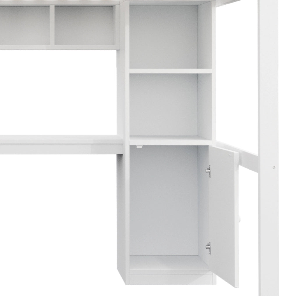 Letto a soppalco 140x200 cm con scrivania; scala contenitore; scaffali; LED e prese EU; bianco