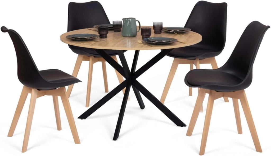 Tavolo da Pranzo Rotondo Alix 110 cm in Legno e Nero e Set di 4 sedie Sara Nere