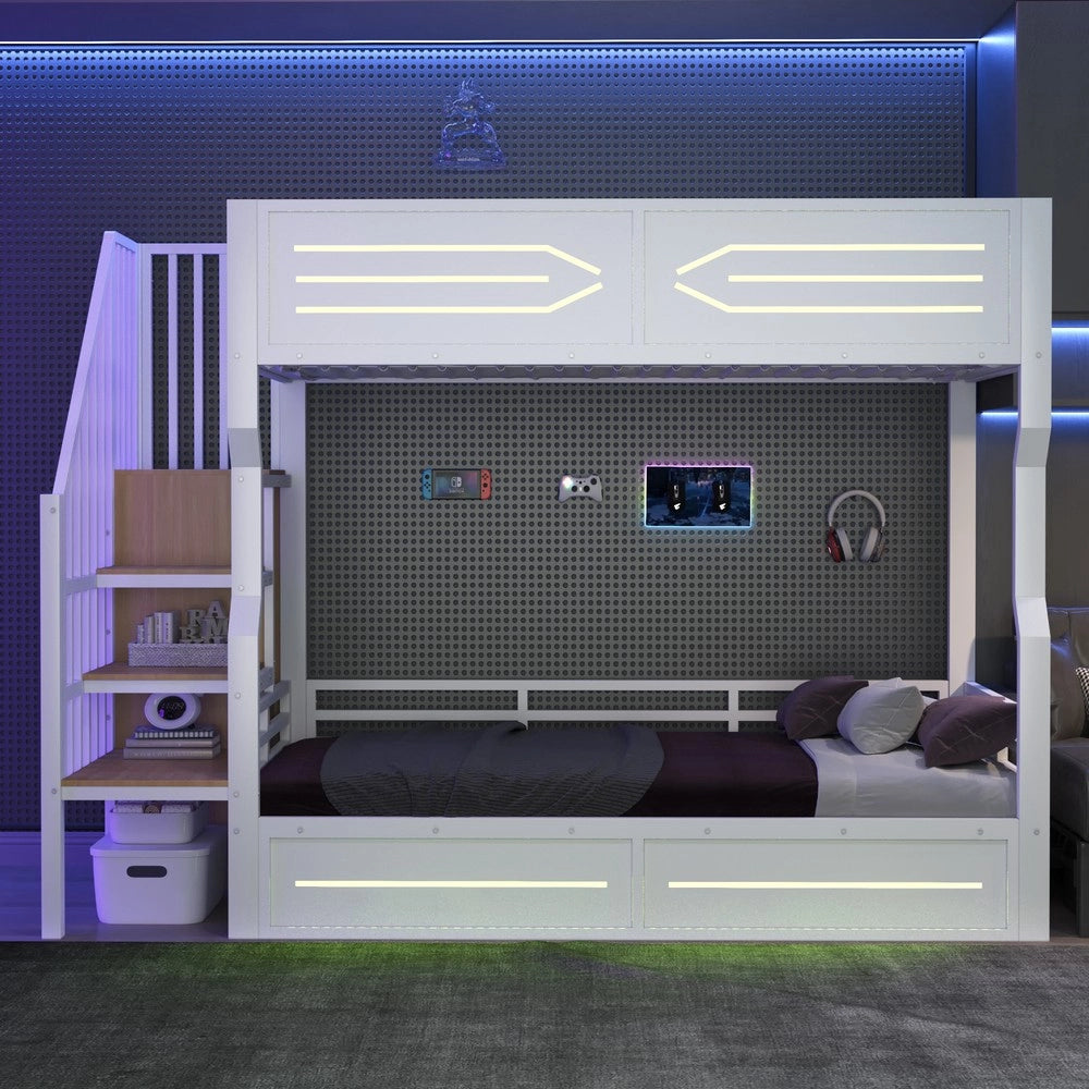 Letto a castello con cassetti - Zephmum - 90x200 cm - Bianco - LED, scala, ringhiera alta