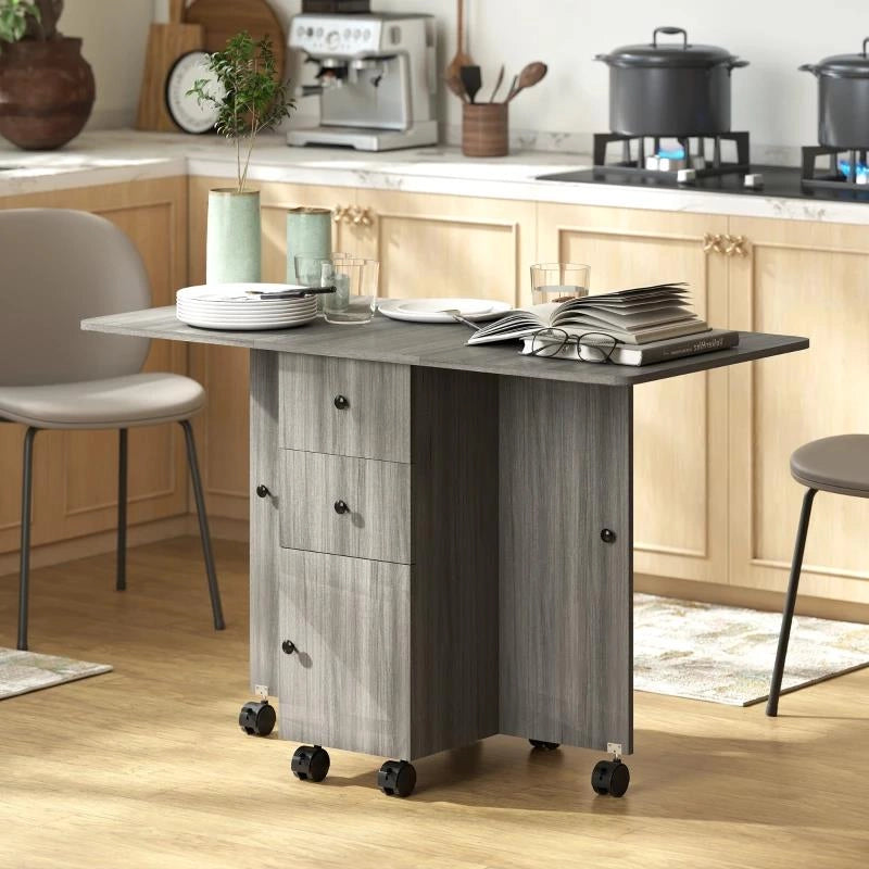 TAVOLO A RIBALTA A 6 ROTELLE CON 2 CASSETTI E ARMADIETTO AD ANTE, IN LEGNO, 120X60X76.5 CM, GRIGIO