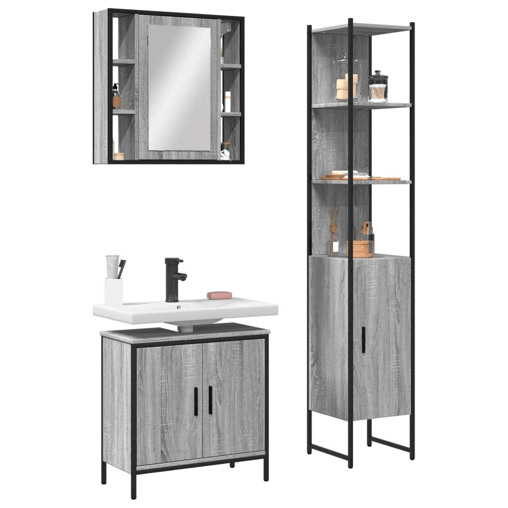 Set Mobili da Bagno | Armadio da bagno 3 pz Grigio Sonoma in Legno Multistrato