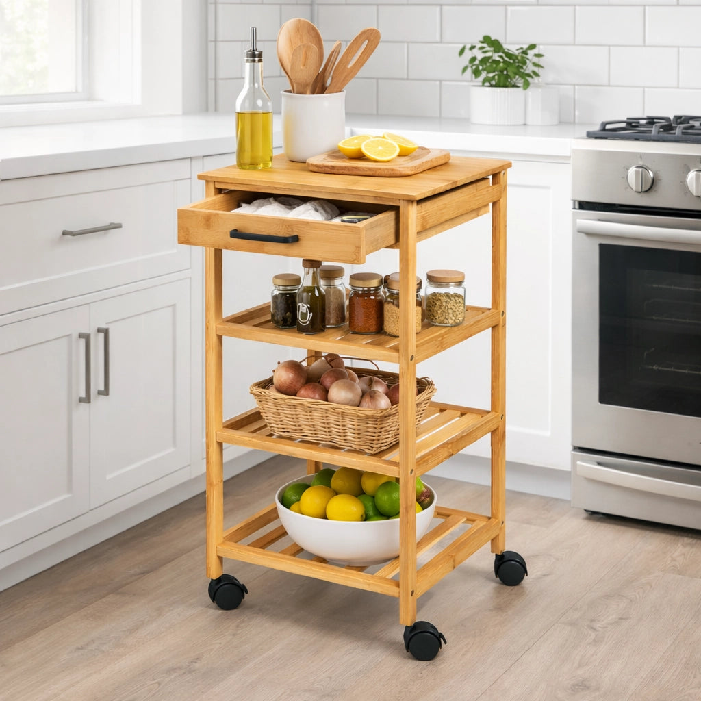 Carrello Cucina in Legno Bambù con Cassetto 3 Ripiani 4 Ruote 360 Design Minimal