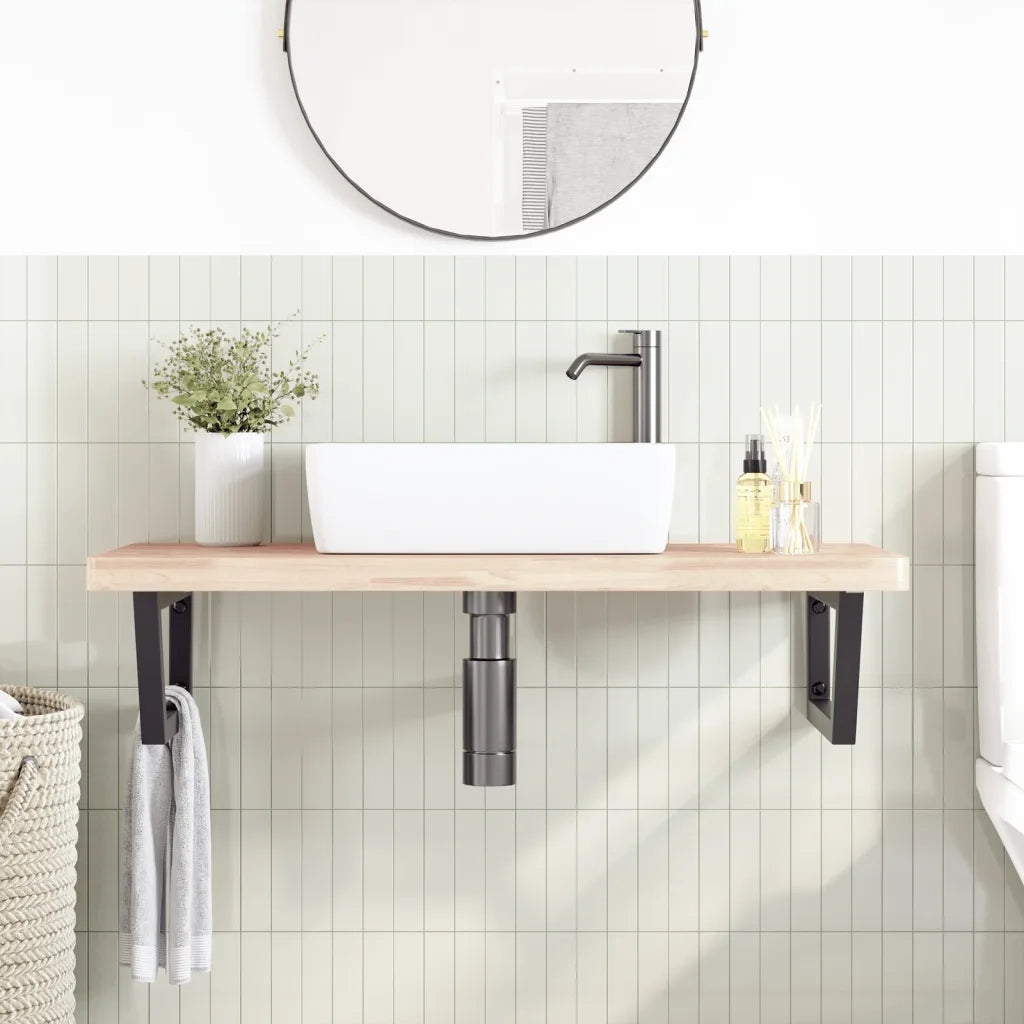 Ripiano a Parete per Lavabo-Mensole a Muro in Acciaio e Massello di Faggio 963616