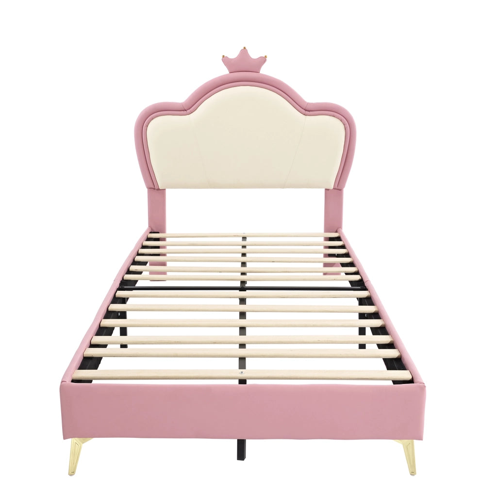 DESMIU Letto per bambini 1 posto con bordi imbottiti e testiera a corona 90 × 200 cm, senza materasso, PU rosa e bianco