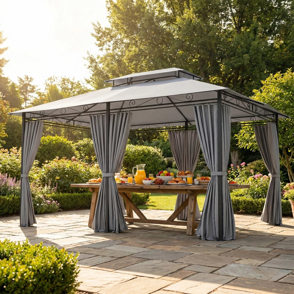 Gazebo da giardino; gazebo esterno con tende; tetto ventilato; grigio scuro