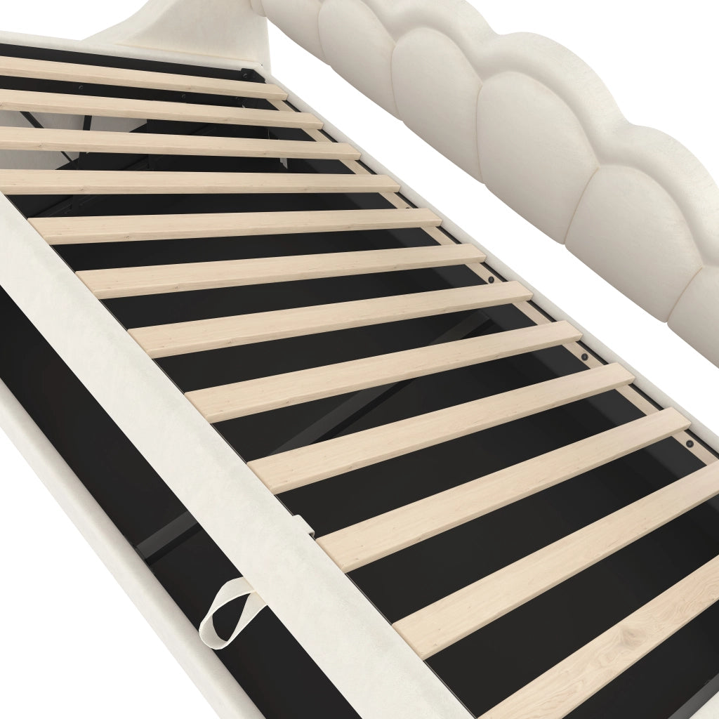 DESMIU Letto divano 90 × 200 cm 1 posto con vano contenitore, LED regolabile, senza materasso, in velluto, beige