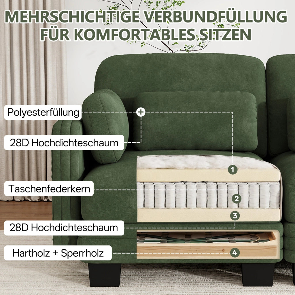 Divano modulare in chenille verde 176x143x88 cm con pouf e cuscini mobili