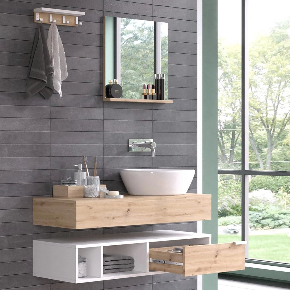 Set di mobili da bagno Henri, Bianco, 100 cm, composto da mobile sottolavabo, specchiera e mobile medio
