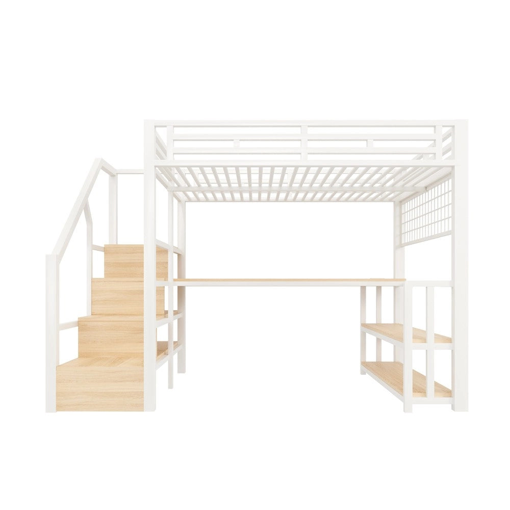 Letto a Soppalco con Scrivania e LED ¨C Xylo ¨C Bianco, 140x200, Metallo, Scaffale, Cassetti