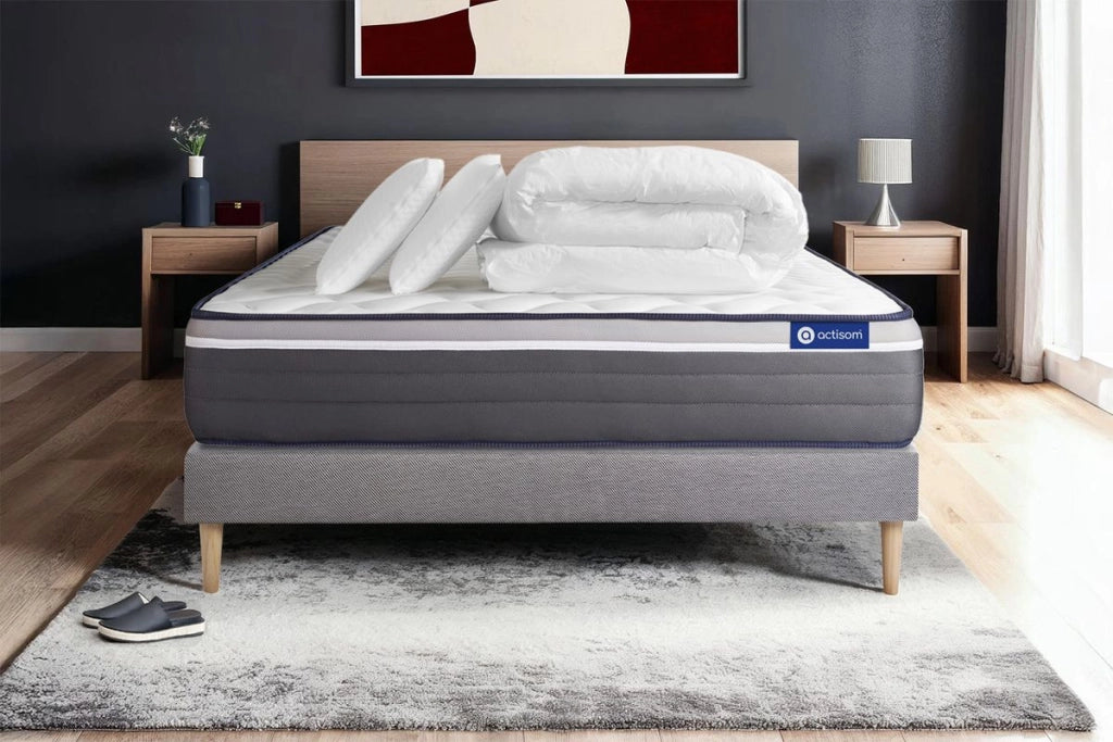 Pacchetto letto completo - Materasso 140x190cm + Box spring con doghe (in kit) + 2 cuscini + Piumino - Actilatex Plus
