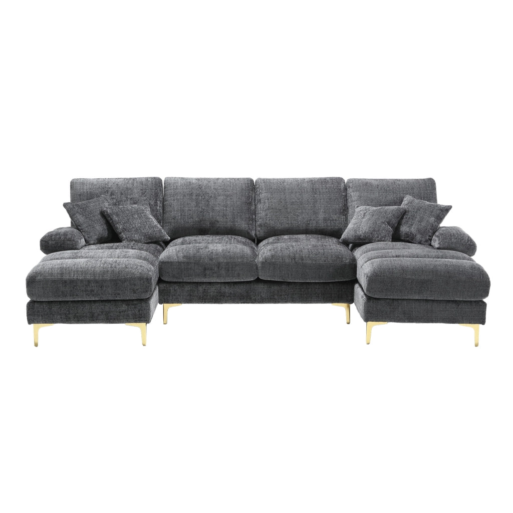 Divano sezionale U a 3 posti in chenille grigio con doppia chaise longue, piedi in metallo oro, 272x136x88 cm