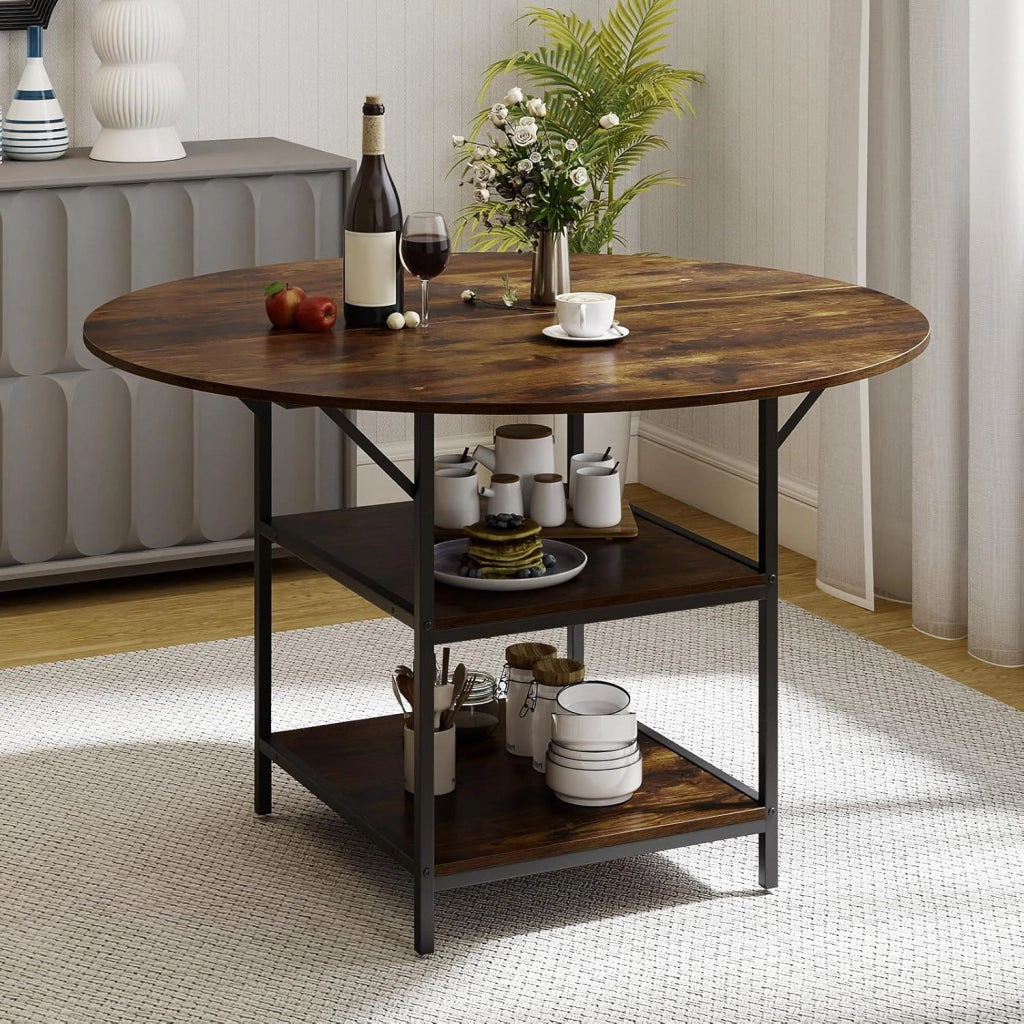 Tavolo da Pranzo Rotondo 120 cm per 4-6 Persone, Tavolo da Cucina Rustico con Ripiano Aperto a 2 Livelli e Struttura in Metallo, Tavolino in Legno per Sala da Pranzo (Marrone)