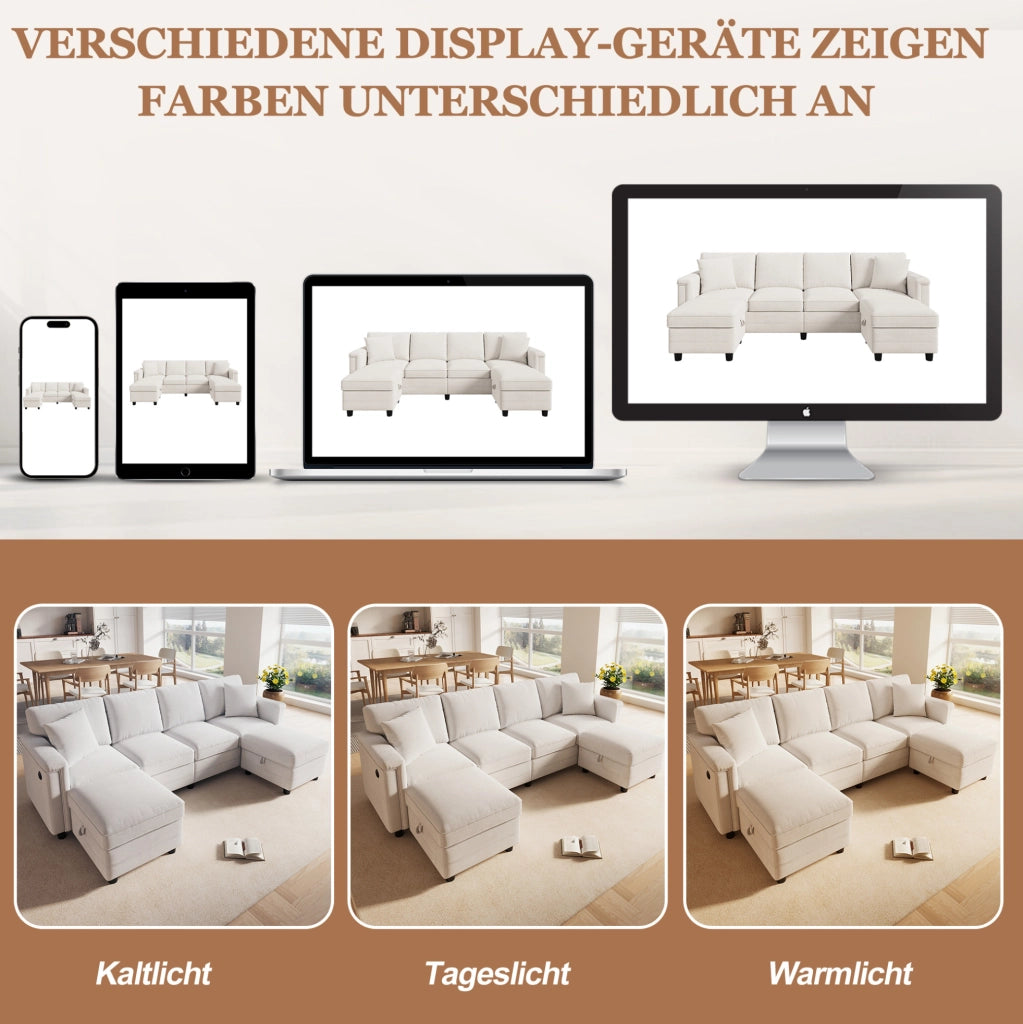 Divano modulare in ciniglia con 2 pouf contenitore; USB e Type-C; 261x134x82 cm; beige