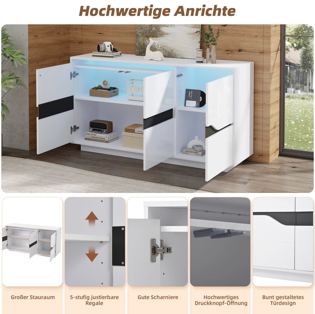 Credenza moderna bianco e nero 140 x 40 x 70 cm con LED e ante regolabili