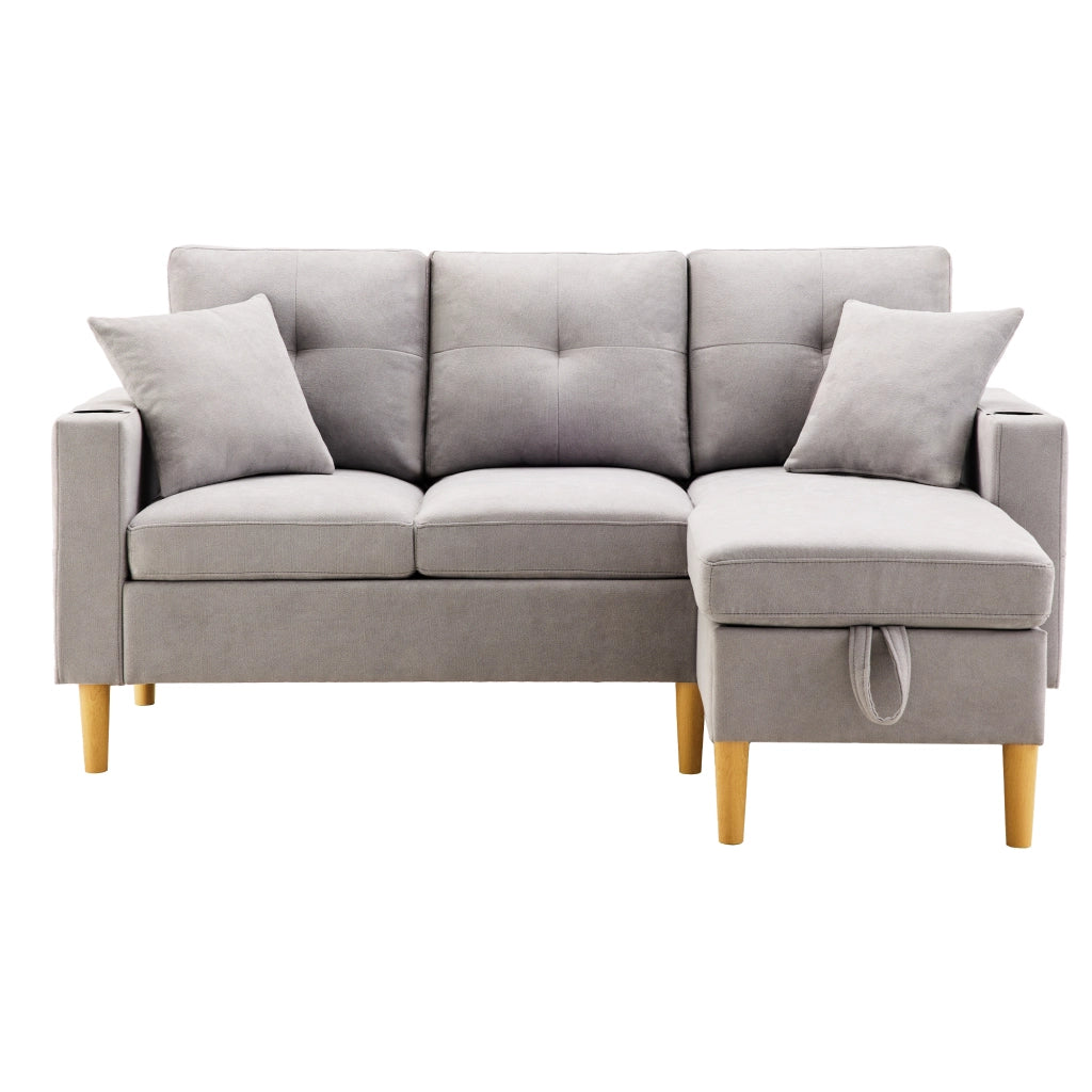 OKWISH Divano con Chaise Longue Reversibile 3 Posti, con Contenitore, Portabicchieri e 2 Cuscini, Cotone Lino, Grigio Chiaro