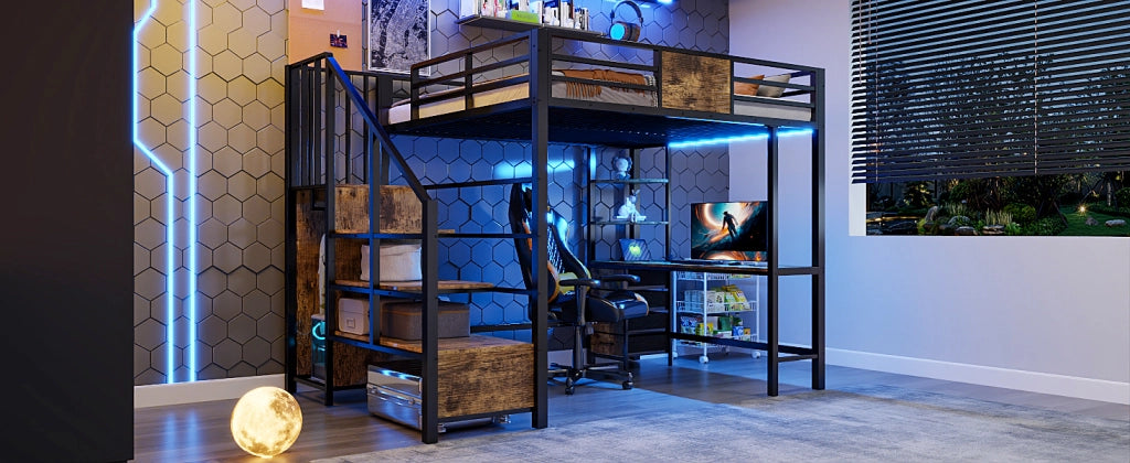 Letto a soppalco 140 × 200 cm con scrivania, mensole, LED e presa elettrica, senza materasso, nero