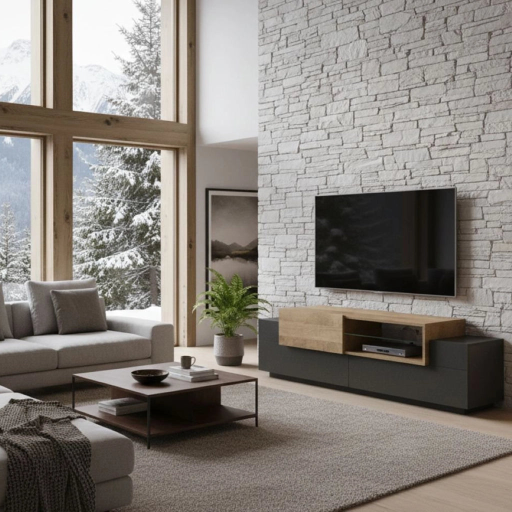 Mobile porta TV Andris, Credenza bassa da soggiorno, Base porta TV, 100% Made in Italy, cm 160x45h51, Antracite e Acero