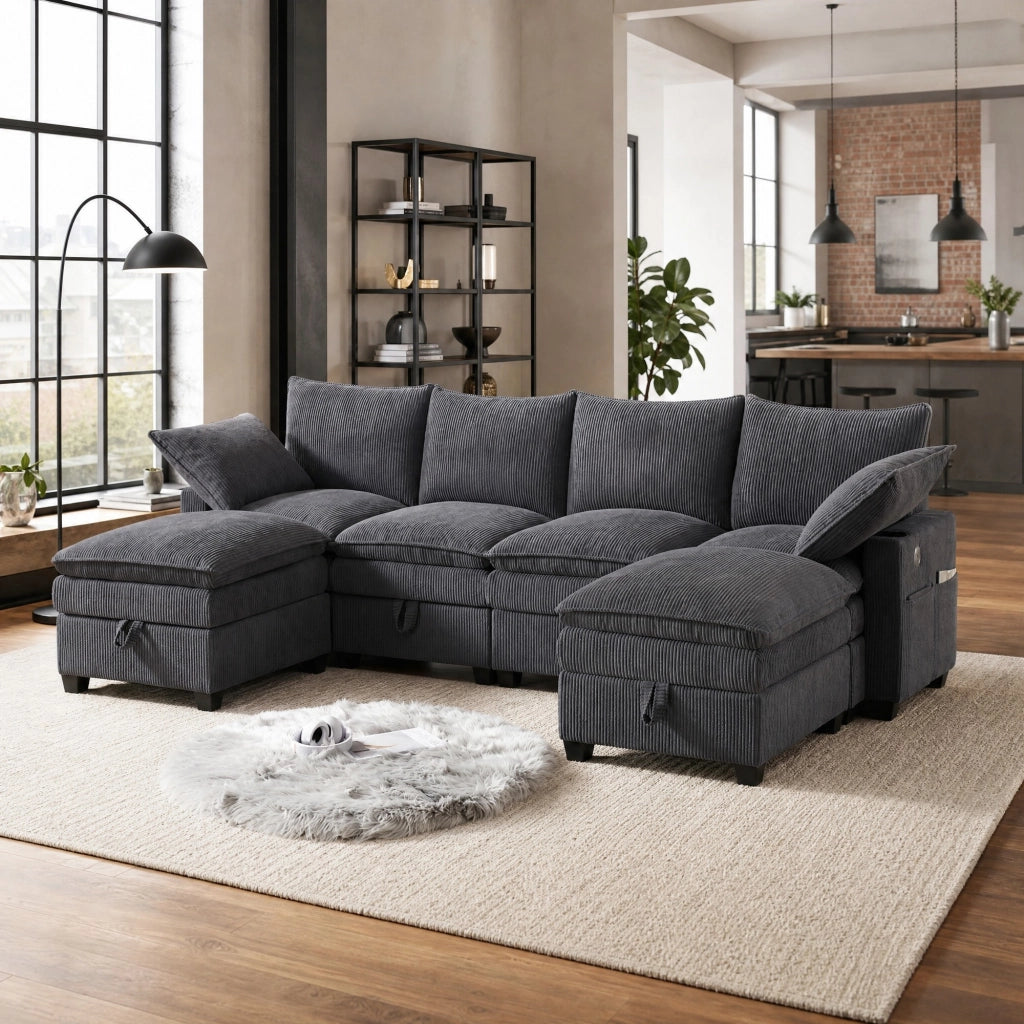 DIVANO Modulare L/U 280x151x82 cm Corduroy Grigio 5-6 posti