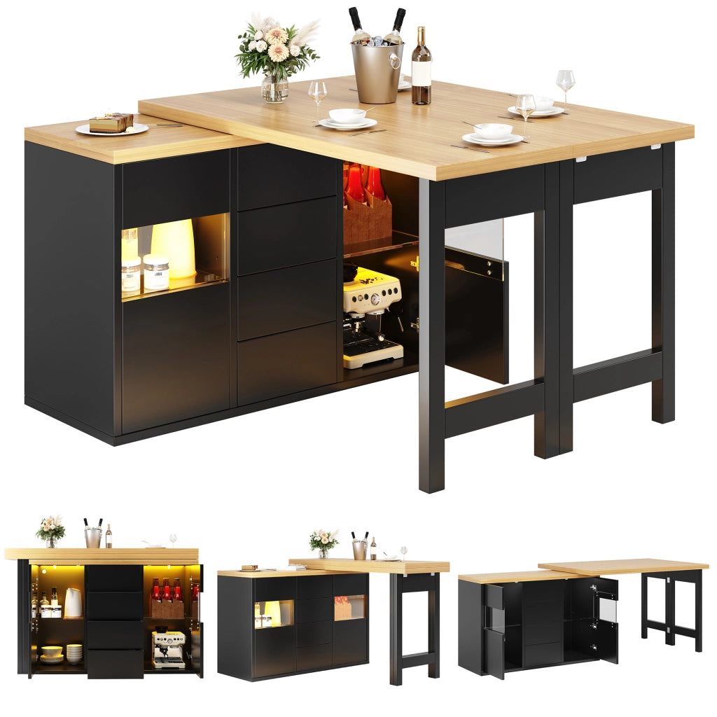 Dispensa da cucina con 4 cassetti; ante in vetro e LED RGB; piano girevole 360°; per cucina; nero; 120 × 40 × 73.8 cm